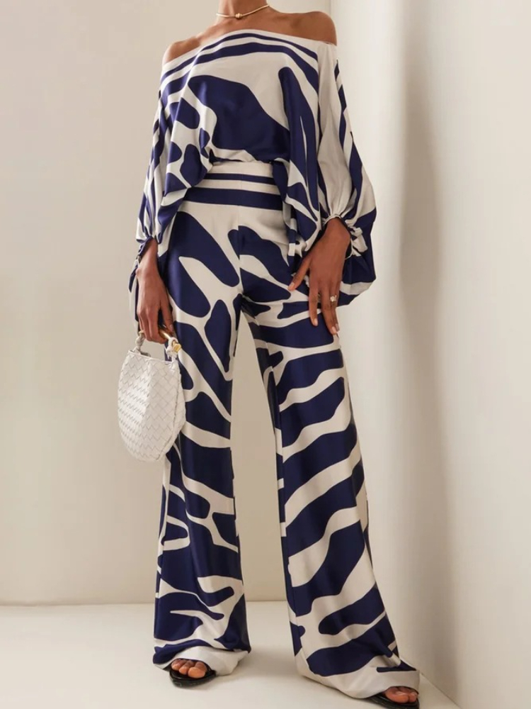 Off Shoulder Blouse - Women's Printed Satin 2-piece Set, Off