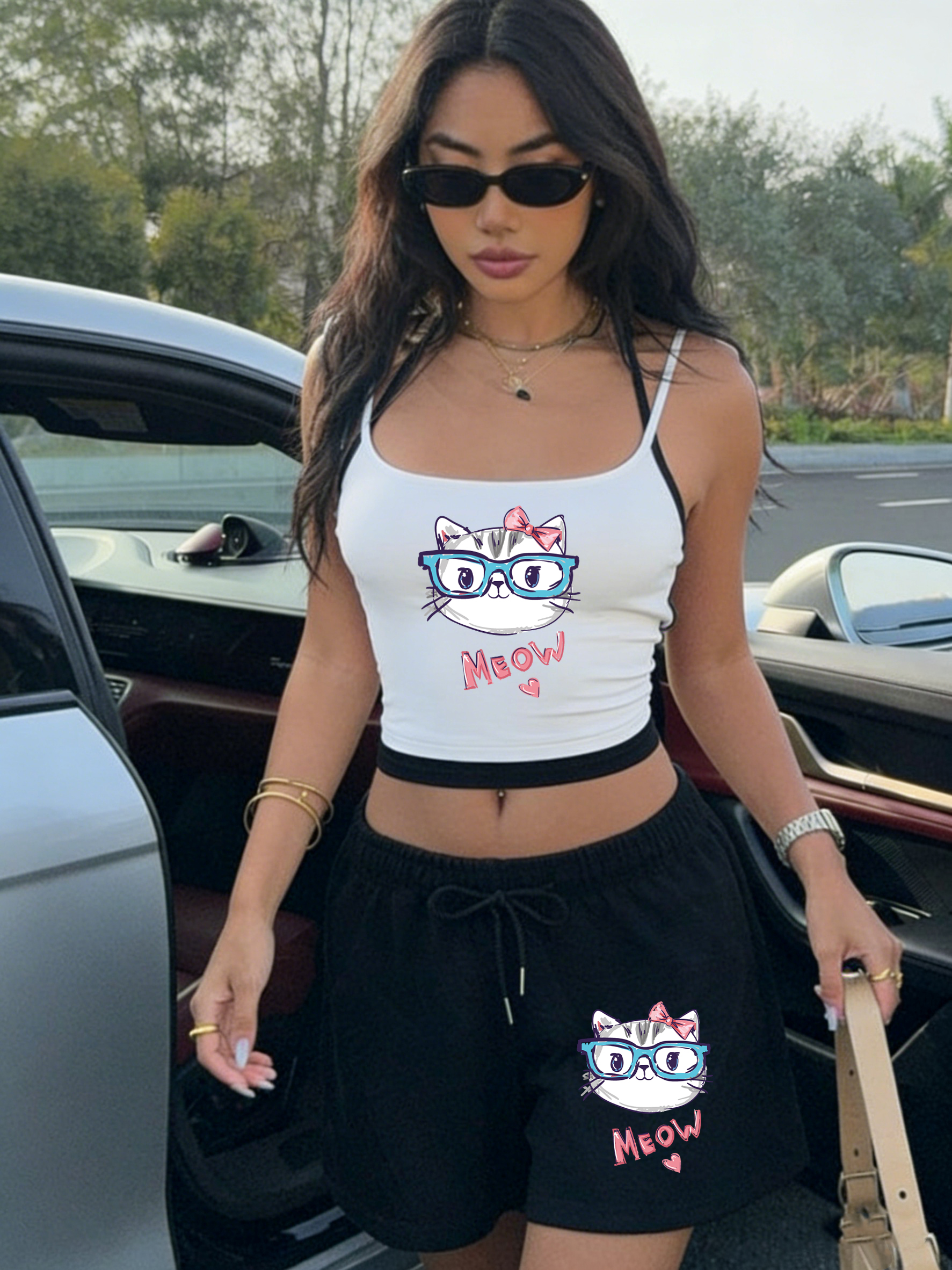 Halter Neck Top - Meow Cute Bow Cat Print Crop