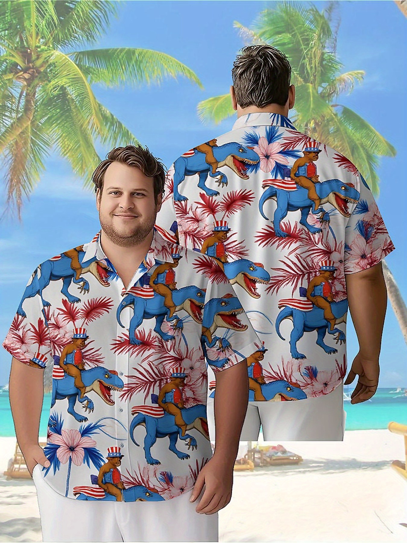 Beach Shirt Hawaiian - Men's Plus Size Hawaiian Shirts Dinosaur