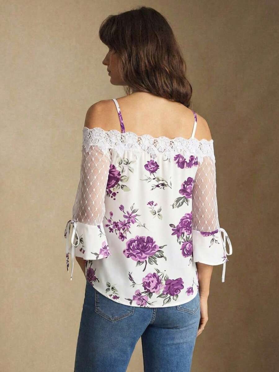 Off Shoulder Blouse - Purple Floral Print Off Shoulder Blouse