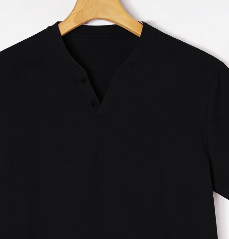 Elegant Black Henley Short-Sle - Summer Clothing For Young Men incelemesi ve fiyatı
