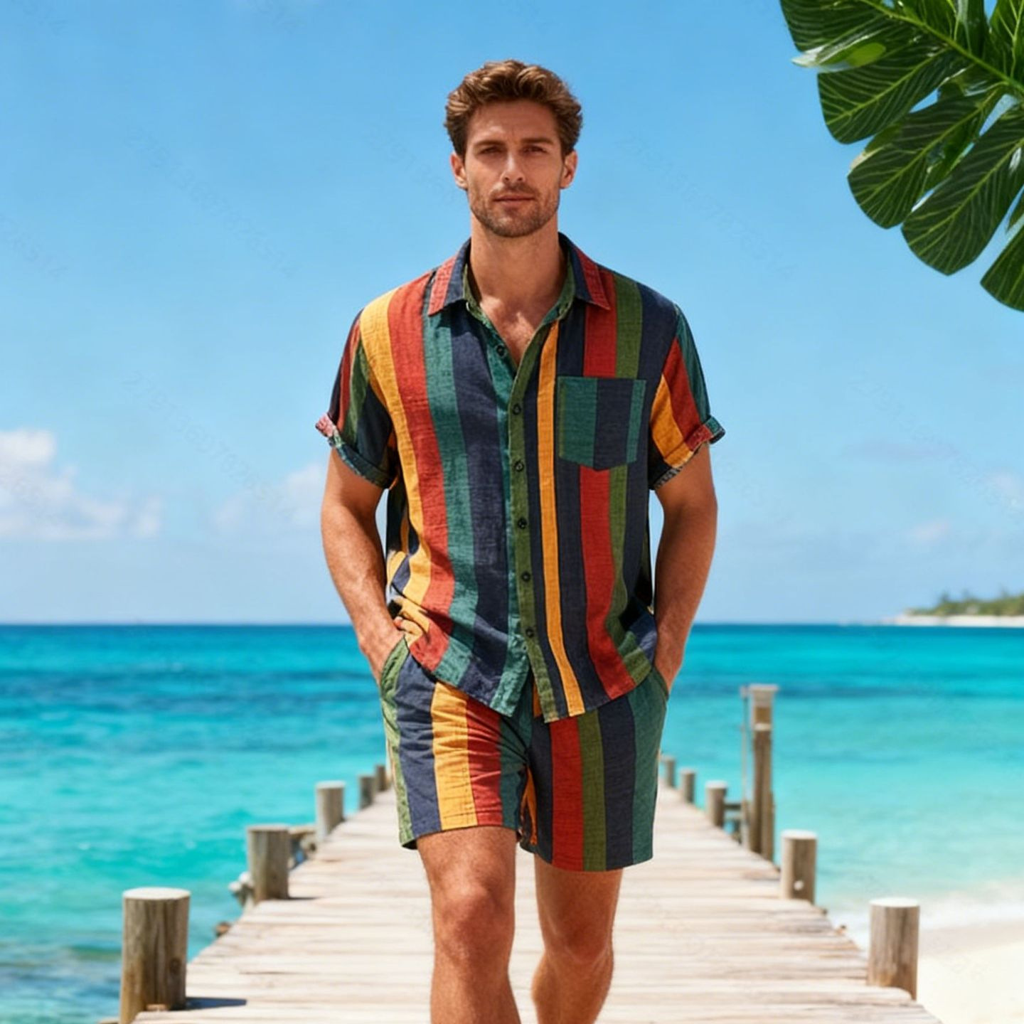 Summer Men's 2 Piece Set, Colo - Beach Shirt Hawaiian incelemesi ve fiyatı