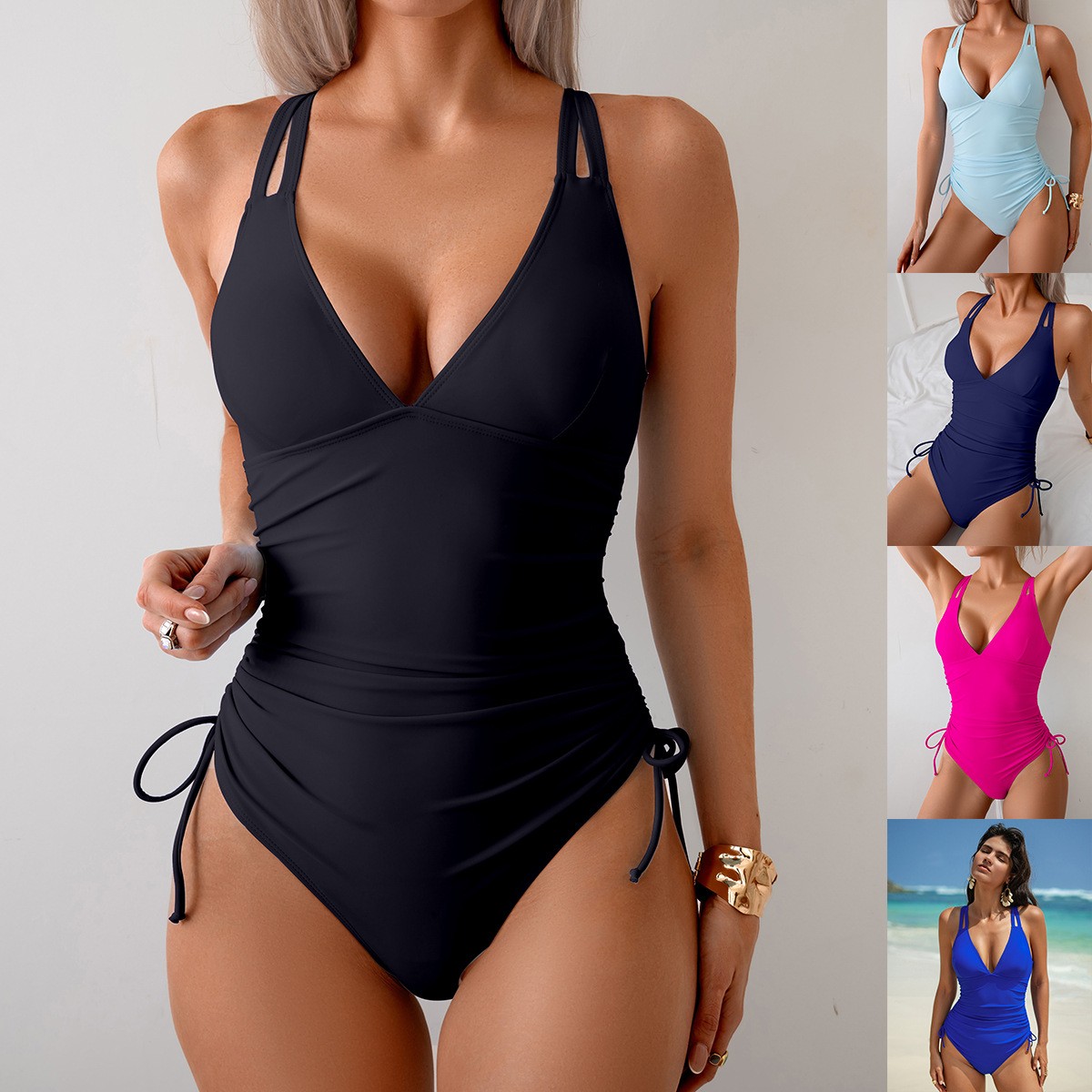 Solid Black Swimsuit V Neck Ru - Swimsuit One Piece incelemesi ve fiyatı