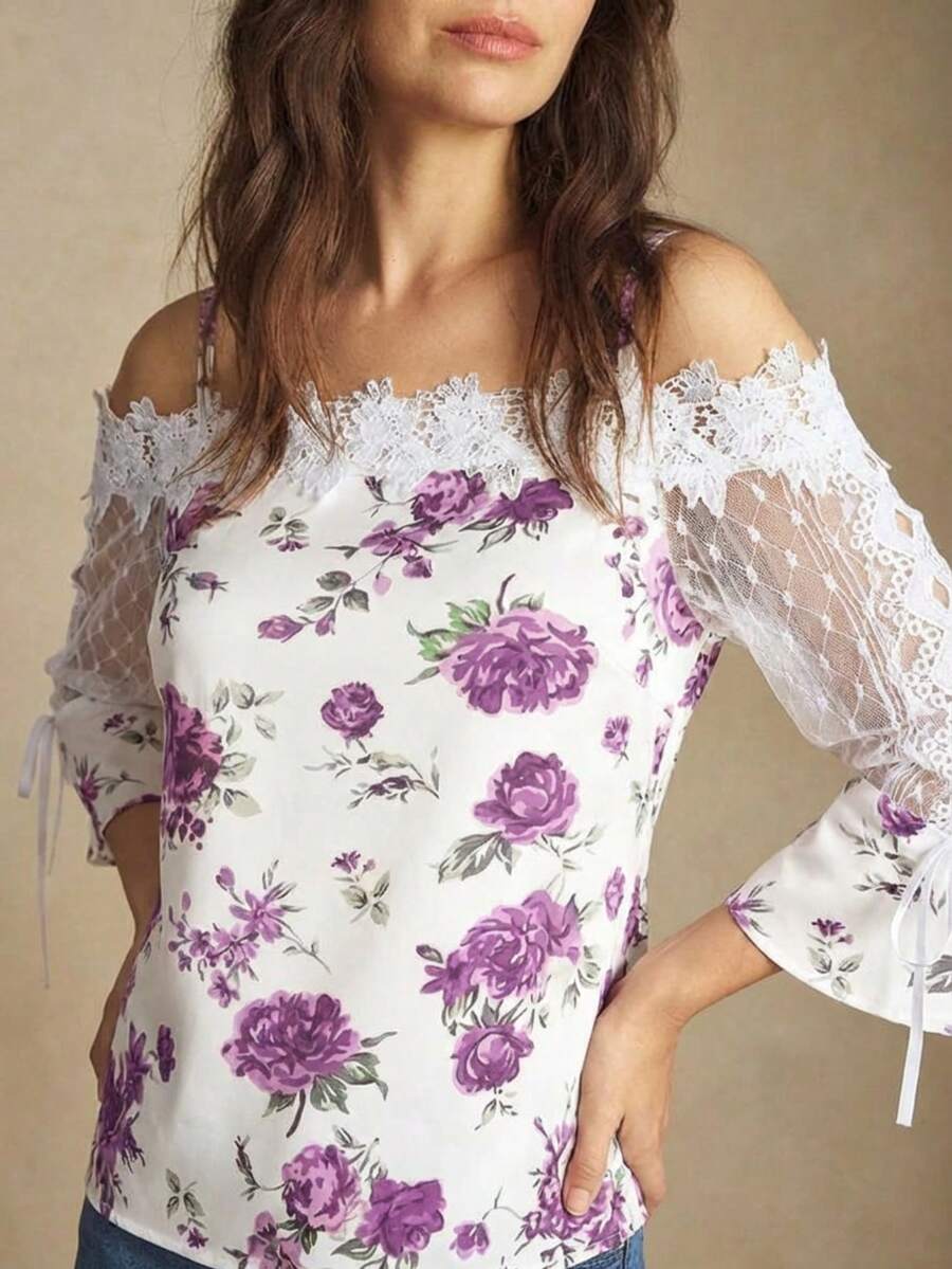 Purple Floral Print Off Should - Off Shoulder Blouse incelemesi ve fiyatı
