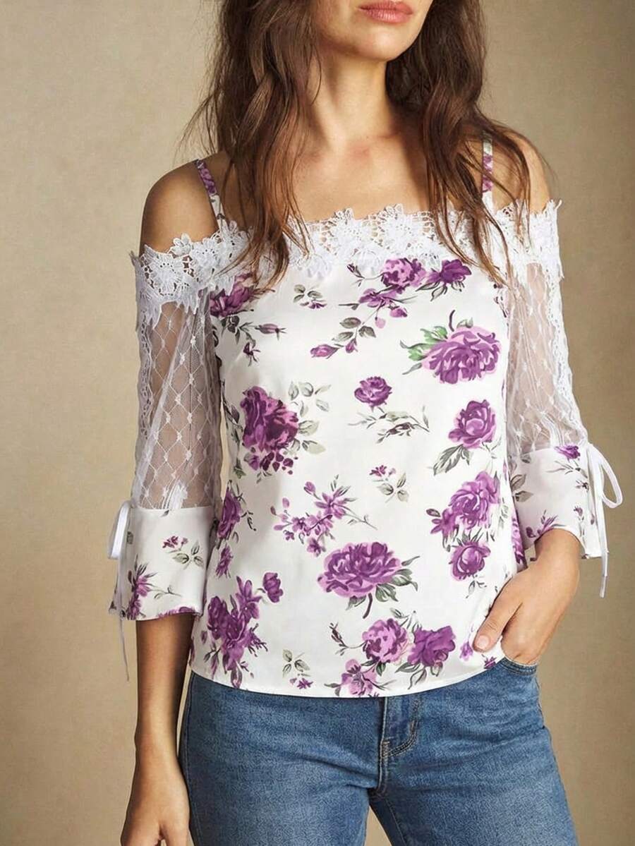 Purple Floral Print Off Should - Off Shoulder Blouse incelemesi ve fiyatı