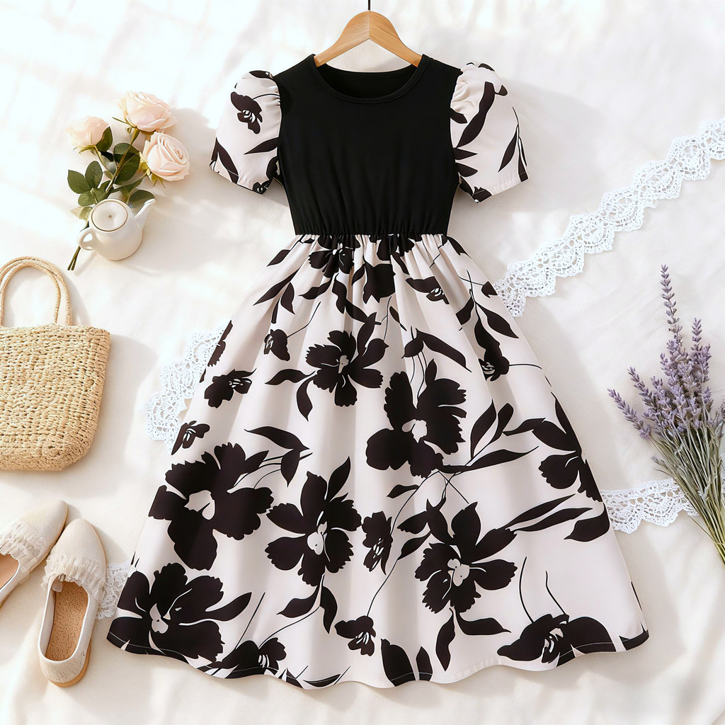 New Children Black Floral Dres - Summer Clothing Teen Girls incelemesi ve fiyatı