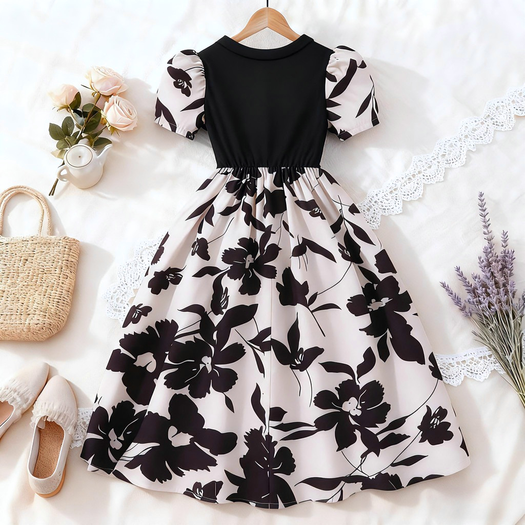 New Children Black Floral Dres - Summer Clothing Teen Girls incelemesi ve fiyatı